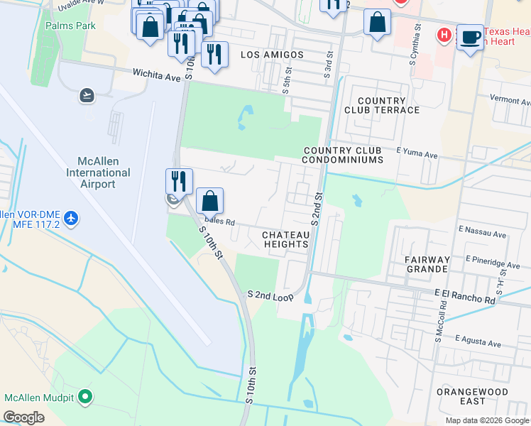 map of restaurants, bars, coffee shops, grocery stores, and more near 3001 Old Orchard Road in McAllen