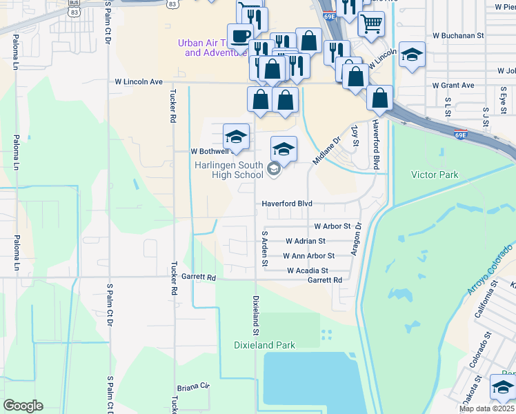 map of restaurants, bars, coffee shops, grocery stores, and more near 207 South Westbrook Lane in Harlingen