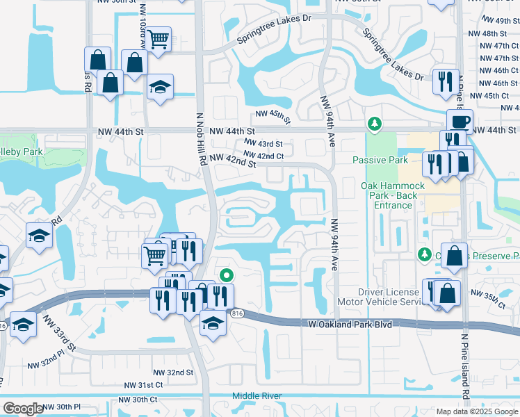 map of restaurants, bars, coffee shops, grocery stores, and more near 9890 Nob Hill Lane in Sunrise