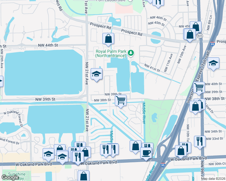map of restaurants, bars, coffee shops, grocery stores, and more near 1798 Northwest 39th Court in Oakland Park