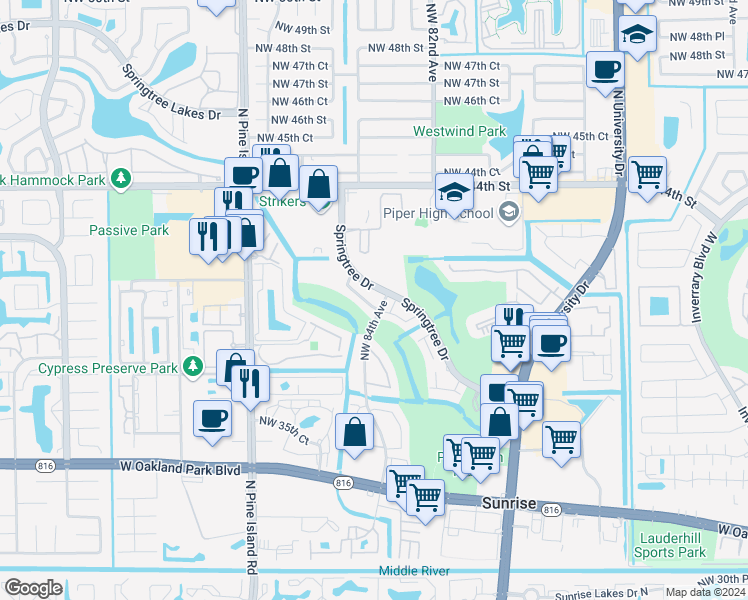 map of restaurants, bars, coffee shops, grocery stores, and more near 8405 Northwest 40th Court in Sunrise