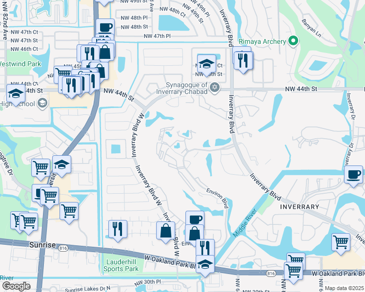 map of restaurants, bars, coffee shops, grocery stores, and more near 6901 Environ Boulevard in Lauderhill