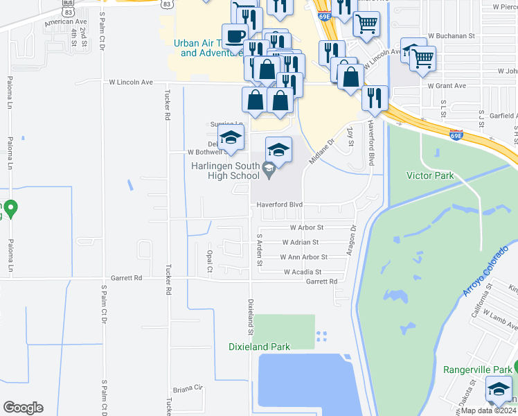 map of restaurants, bars, coffee shops, grocery stores, and more near 207 South Westbrook Lane in Harlingen
