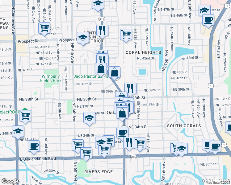 map of restaurants, bars, coffee shops, grocery stores, and more near 1078 Northeast 39th Street in Oakland Park