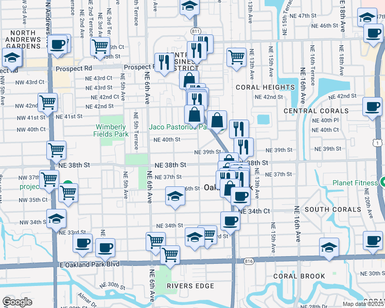 map of restaurants, bars, coffee shops, grocery stores, and more near 999 Northeast 39th Street in Oakland Park