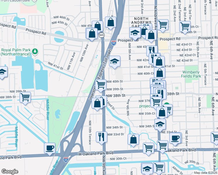 map of restaurants, bars, coffee shops, grocery stores, and more near 841 Northwest 39th Street in Oakland Park