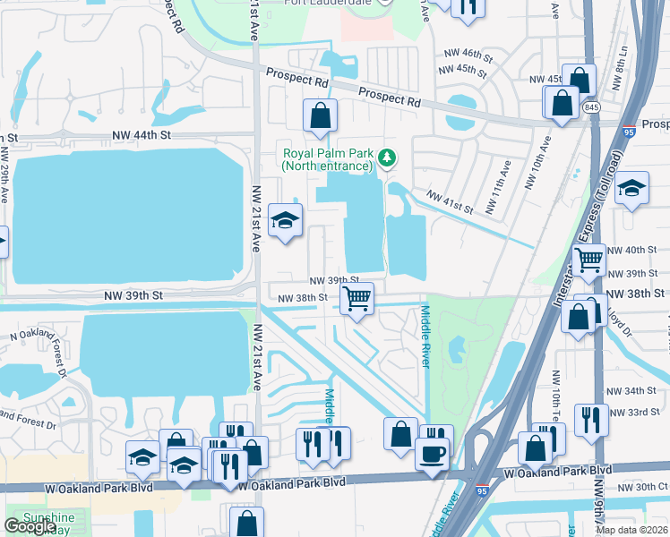 map of restaurants, bars, coffee shops, grocery stores, and more near 1798 Northwest 39th Court in Oakland Park
