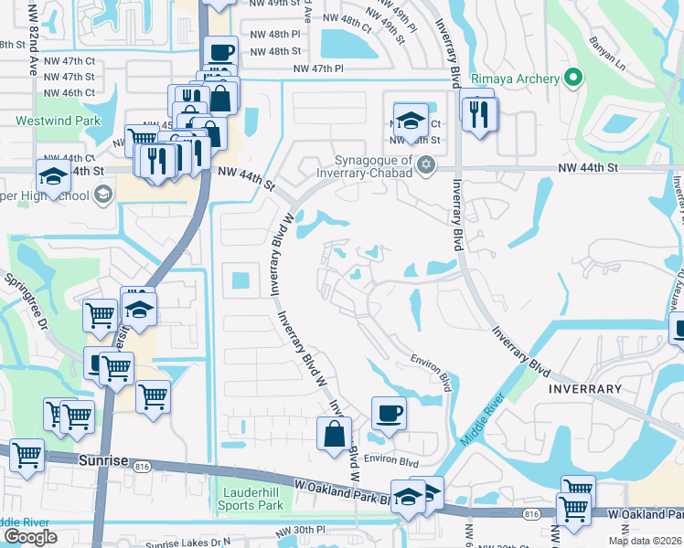 map of restaurants, bars, coffee shops, grocery stores, and more near 7200 Radice Court in Lauderhill