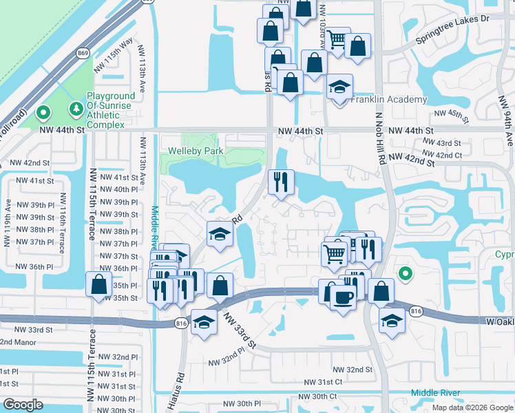 map of restaurants, bars, coffee shops, grocery stores, and more near 3860 Northwest 107th Way in Sunrise