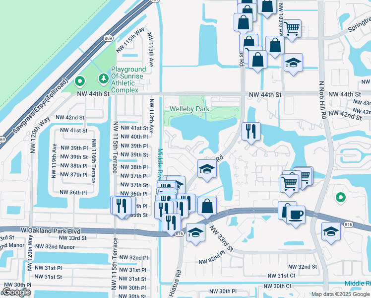 map of restaurants, bars, coffee shops, grocery stores, and more near 11085 Northwest 39th Street in Sunrise