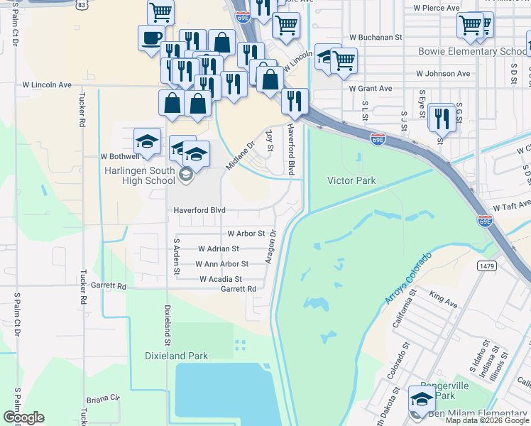 map of restaurants, bars, coffee shops, grocery stores, and more near 1802 Aragon Dr in Harlingen
