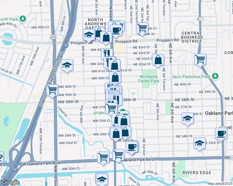 map of restaurants, bars, coffee shops, grocery stores, and more near 3890 North Andrews Avenue in Oakland Park