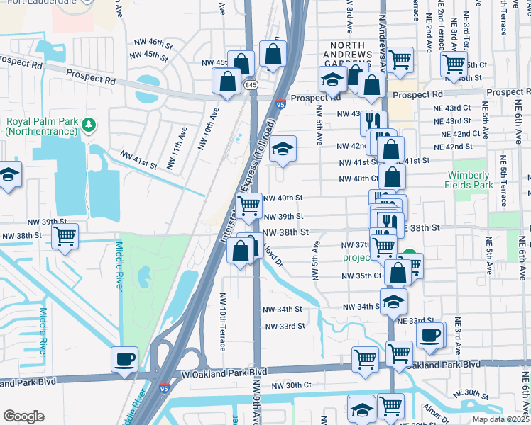 map of restaurants, bars, coffee shops, grocery stores, and more near 841 Northwest 39th Street in Oakland Park