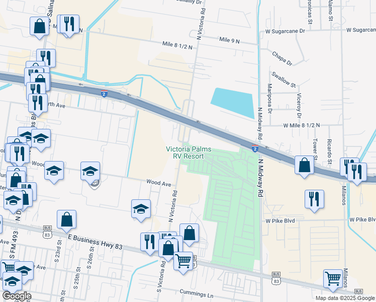 map of restaurants, bars, coffee shops, grocery stores, and more near 313 North Victoria Road in Donna