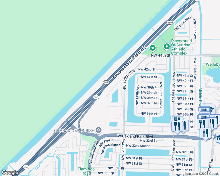 map of restaurants, bars, coffee shops, grocery stores, and more near 3845 Northwest 122nd Terrace in Sunrise