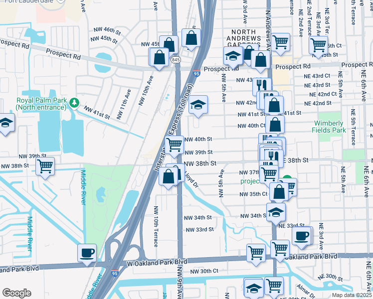 map of restaurants, bars, coffee shops, grocery stores, and more near 841 Northwest 39th Street in Oakland Park