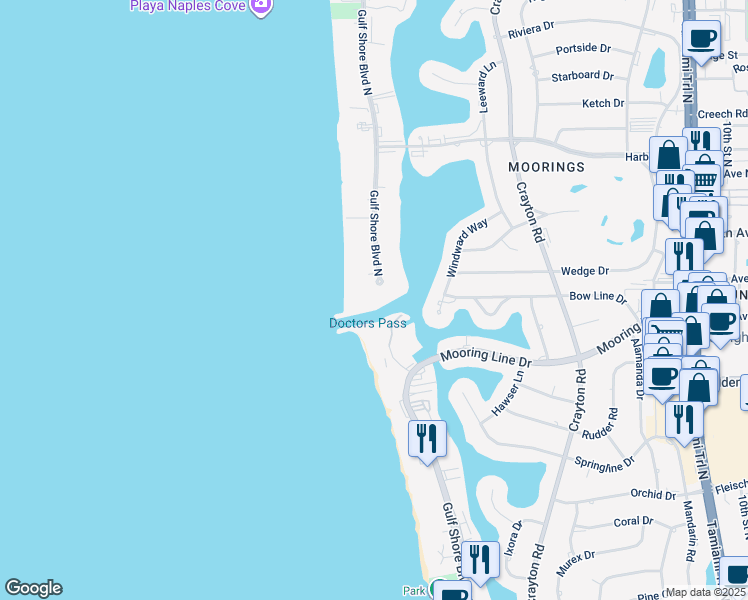 map of restaurants, bars, coffee shops, grocery stores, and more near 2300 Gulf Shore Boulevard North in Naples