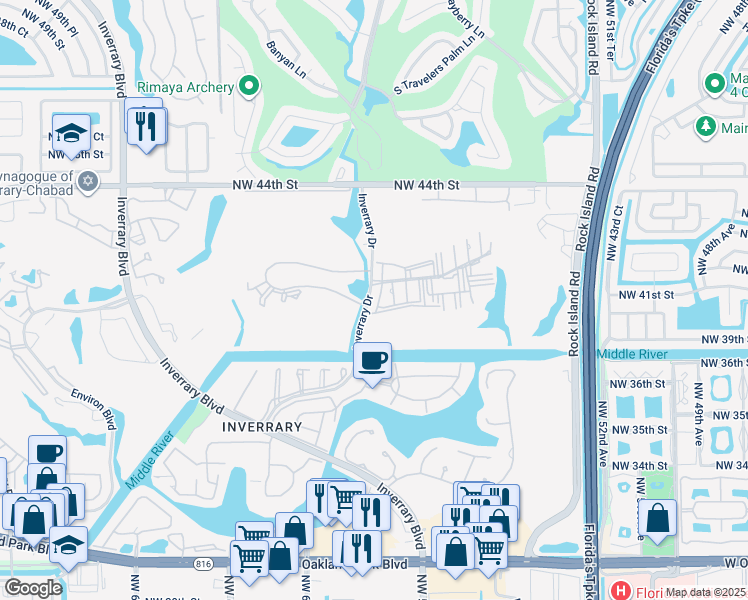 map of restaurants, bars, coffee shops, grocery stores, and more near 4040 Inverrary Drive in Lauderhill