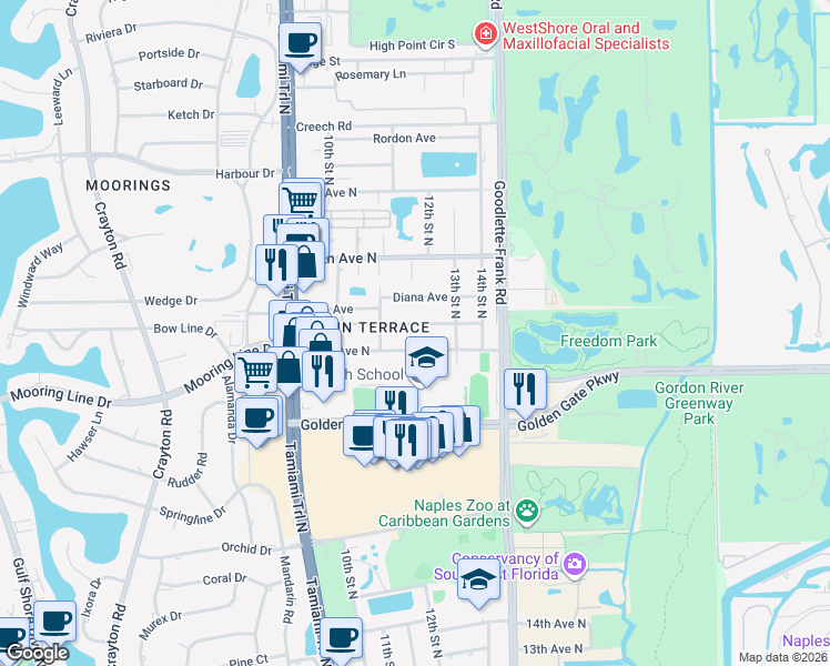 map of restaurants, bars, coffee shops, grocery stores, and more near 1200 Royal Palm Drive in Naples