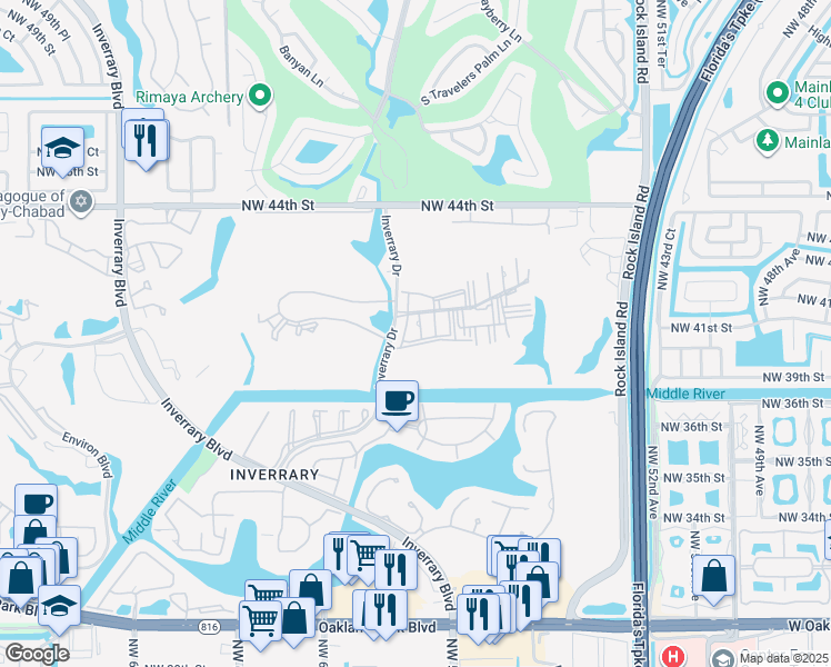 map of restaurants, bars, coffee shops, grocery stores, and more near 3950 Inverrary Drive in Lauderhill