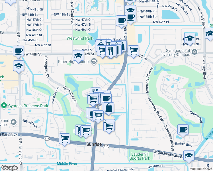 map of restaurants, bars, coffee shops, grocery stores, and more near 4124 Northwest 78th Avenue in Sunrise