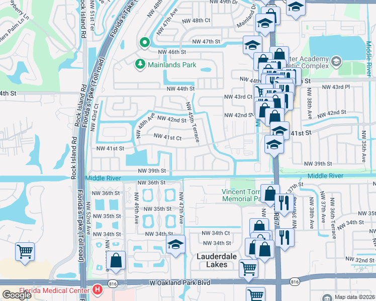 map of restaurants, bars, coffee shops, grocery stores, and more near 4598 Northwest 41st Street in Lauderdale Lakes