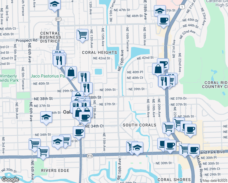 map of restaurants, bars, coffee shops, grocery stores, and more near 1576 Northeast 39th Street in Oakland Park