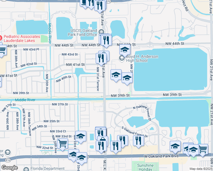 map of restaurants, bars, coffee shops, grocery stores, and more near 3941 Northwest 30th Terrace in Lauderdale Lakes