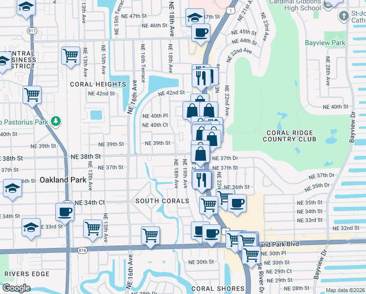 map of restaurants, bars, coffee shops, grocery stores, and more near 3825 North Federal Highway in Oakland Park