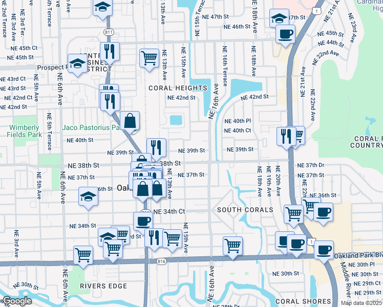map of restaurants, bars, coffee shops, grocery stores, and more near 1498 Northeast 39th Street in Oakland Park