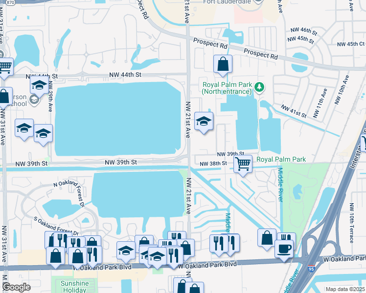 map of restaurants, bars, coffee shops, grocery stores, and more near 112 Lake Emerald Drive in Oakland Park