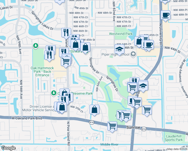 map of restaurants, bars, coffee shops, grocery stores, and more near 8430 Northwest 40th Court in Sunrise