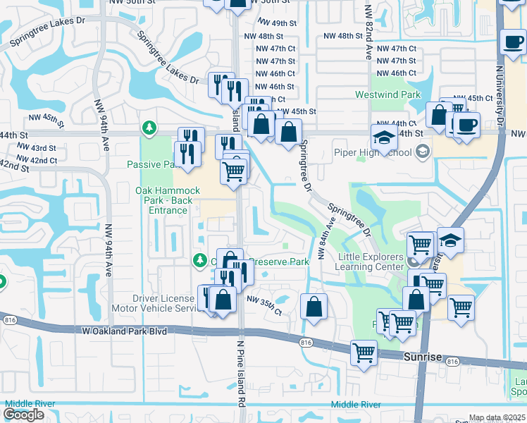 map of restaurants, bars, coffee shops, grocery stores, and more near 1705 Northwest 87th Avenue in Sunrise