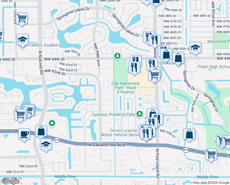map of restaurants, bars, coffee shops, grocery stores, and more near 9311 Northwest 39th Court in Sunrise