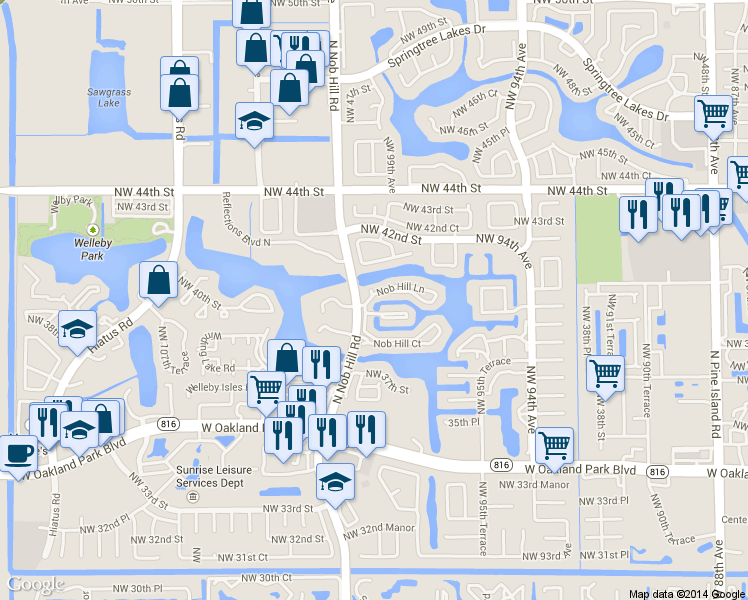 map of restaurants, bars, coffee shops, grocery stores, and more near in Sunrise