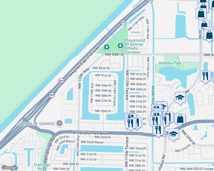 map of restaurants, bars, coffee shops, grocery stores, and more near 11821 Northwest 39th Place in Sunrise