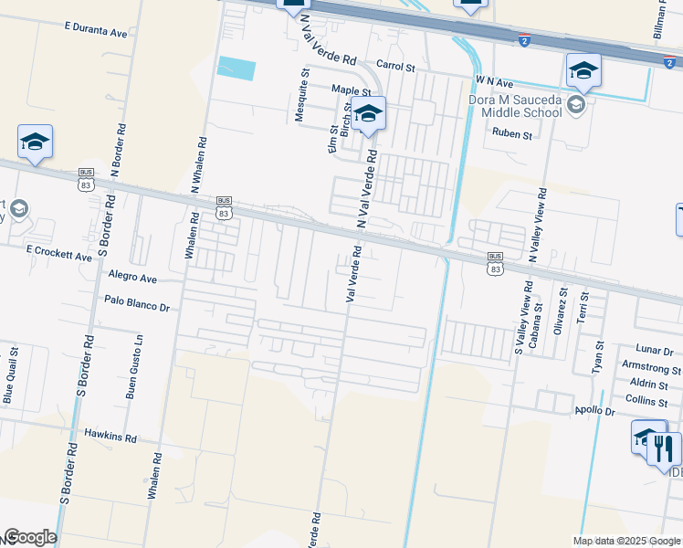 map of restaurants, bars, coffee shops, grocery stores, and more near 134 South Val Verde Road in Donna