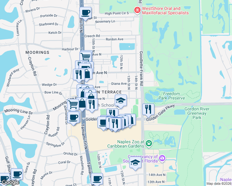 map of restaurants, bars, coffee shops, grocery stores, and more near 1200 Royal Palm Drive in Naples
