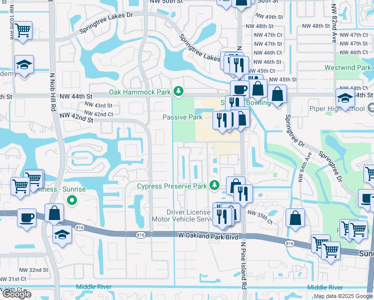 map of restaurants, bars, coffee shops, grocery stores, and more near 9158 Northwest 40th Place in Sunrise