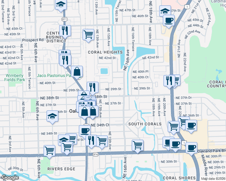 map of restaurants, bars, coffee shops, grocery stores, and more near 1498 Northeast 39th Street in Oakland Park