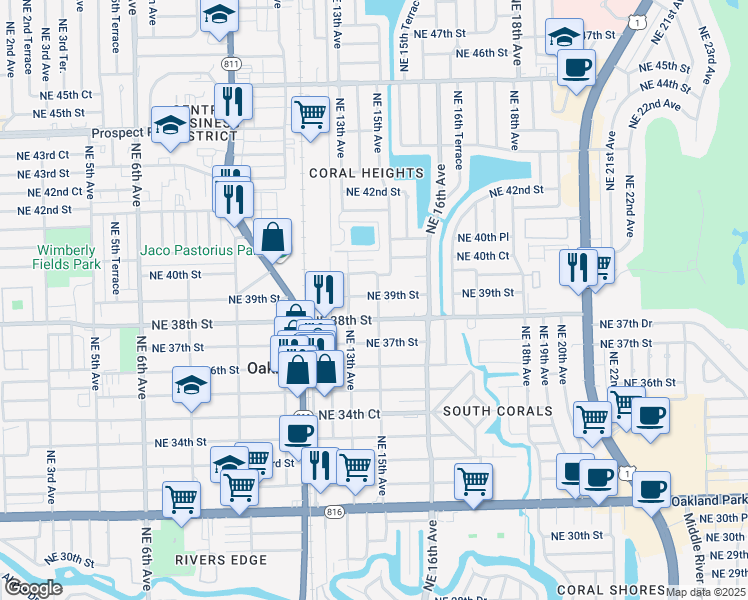 map of restaurants, bars, coffee shops, grocery stores, and more near 1498 Northeast 39th Street in Oakland Park