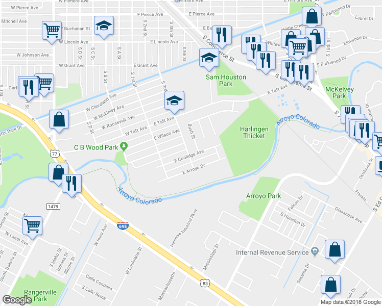 map of restaurants, bars, coffee shops, grocery stores, and more near 1821 South 3rd Street in Harlingen