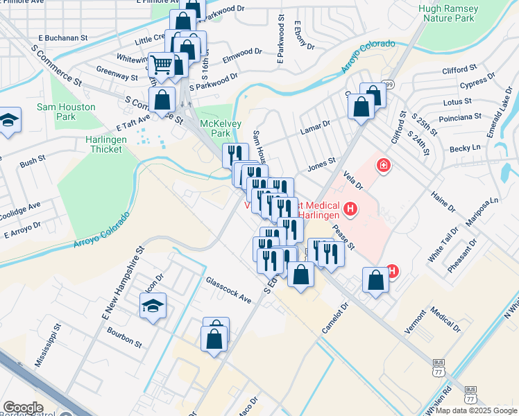 map of restaurants, bars, coffee shops, grocery stores, and more near 1706 South 77 Sunshine Strip in Harlingen
