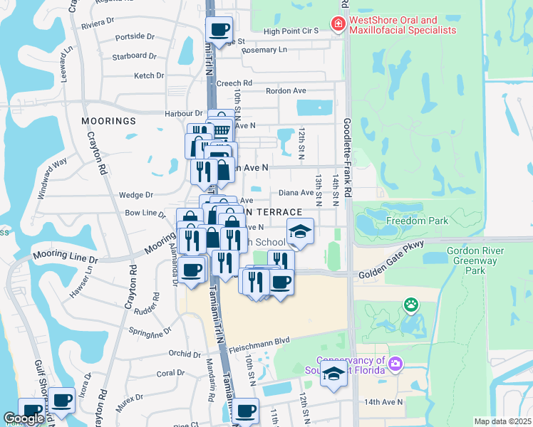 map of restaurants, bars, coffee shops, grocery stores, and more near 1096 Royal Palm Drive in Naples