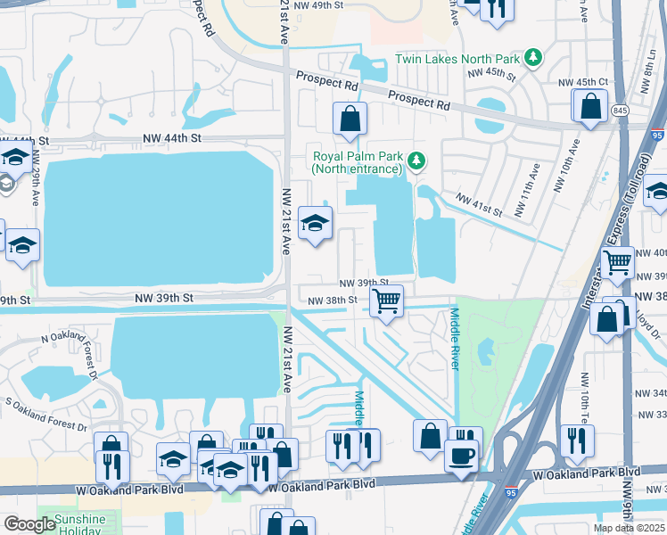 map of restaurants, bars, coffee shops, grocery stores, and more near 3925 Northwest 19th Avenue in Oakland Park
