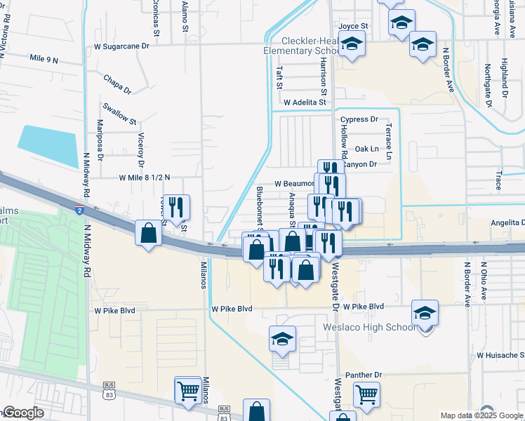 map of restaurants, bars, coffee shops, grocery stores, and more near 2110 West Corpus Christi Drive in Weslaco
