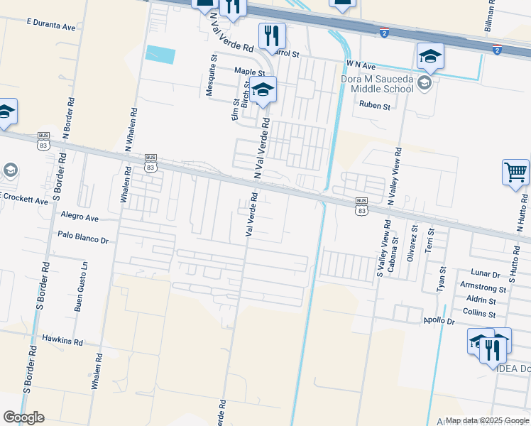 map of restaurants, bars, coffee shops, grocery stores, and more near 838 Larry Street in Donna