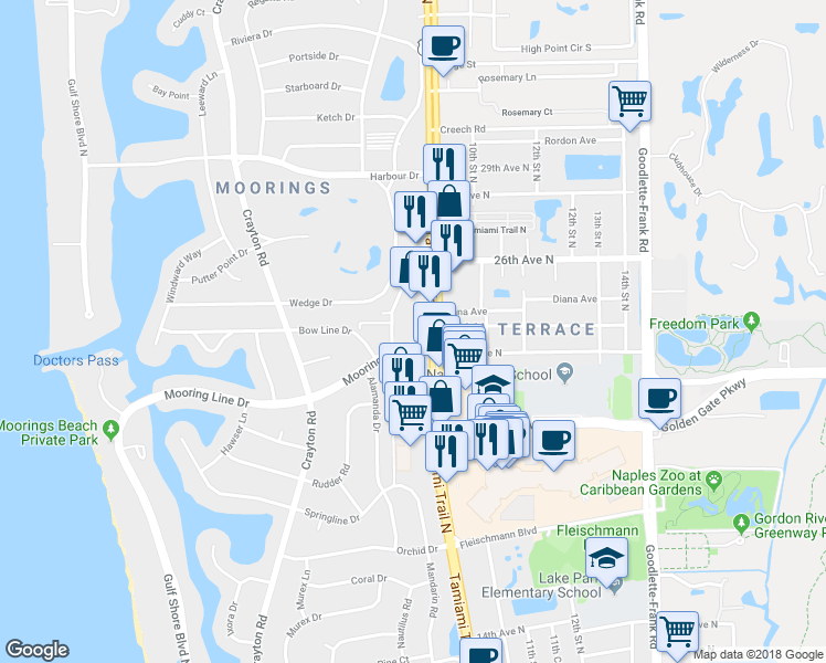 map of restaurants, bars, coffee shops, grocery stores, and more near 2329 Tamiami Trail North in Naples