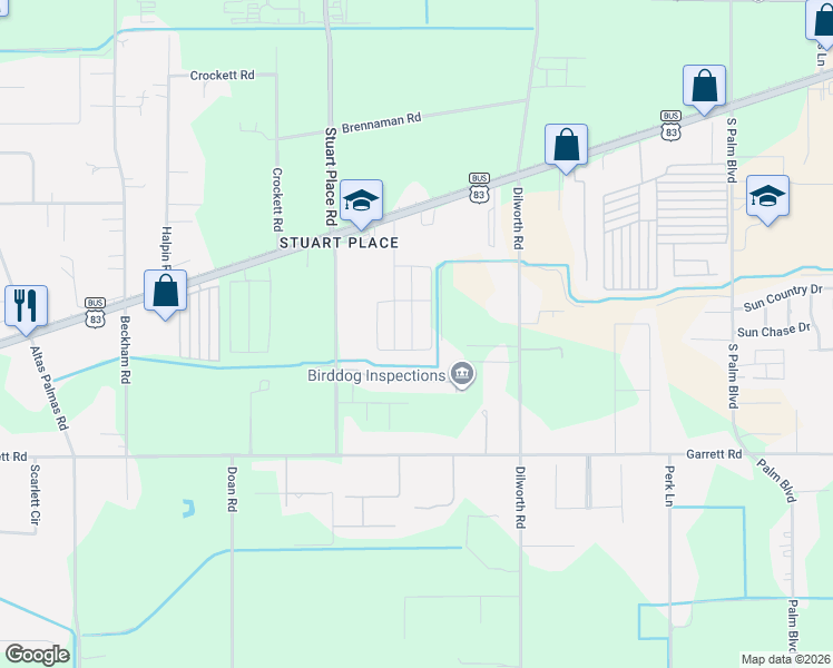 map of restaurants, bars, coffee shops, grocery stores, and more near 1514 Coco Palm Drive in Harlingen