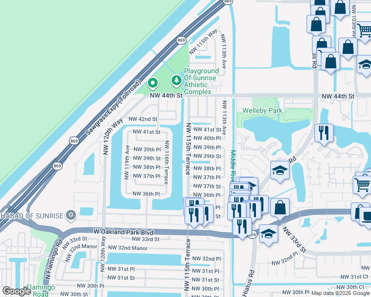 map of restaurants, bars, coffee shops, grocery stores, and more near 3885 Northwest 115th Terrace in Sunrise